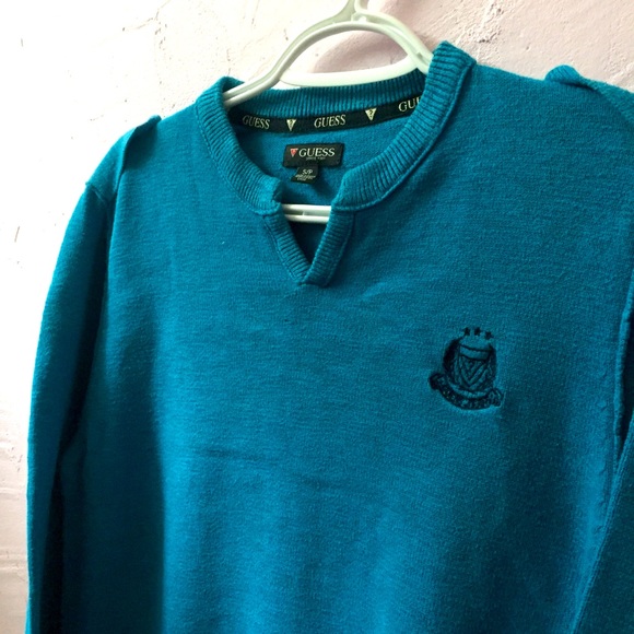Guess Vintage Military Style V Neck Blue Sweater - Picture 2 of 8
